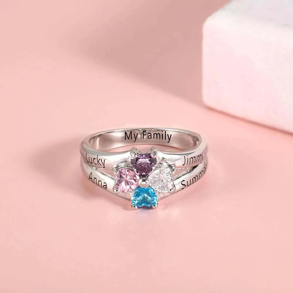 Custom Engarving Heart Birthstone Flower Ring