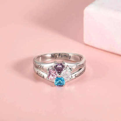 Custom Engarving Heart Birthstone Flower Ring