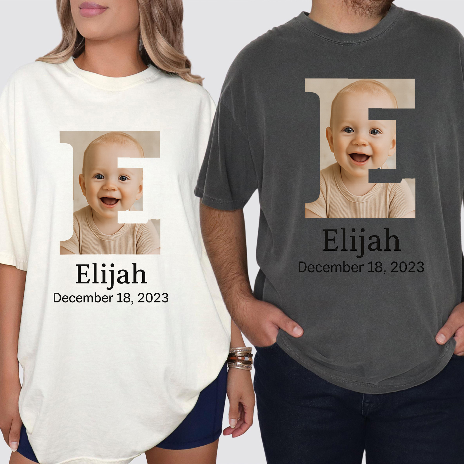Family Matching Custom Initial Frame Baby Photo T-Shirt