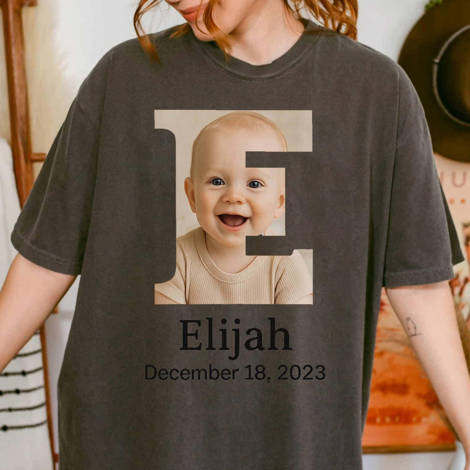 Family Matching Custom Initial Frame Baby Photo T-Shirt