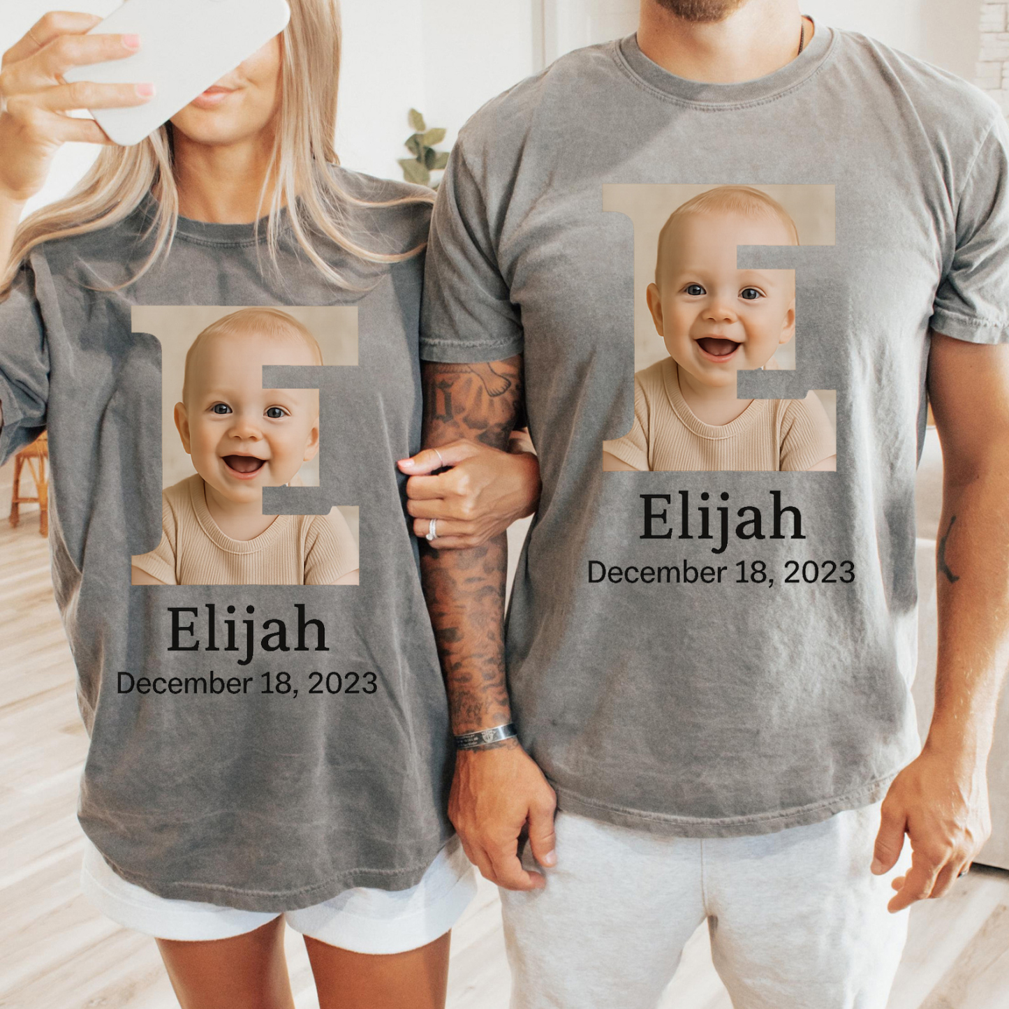 Family Matching Custom Initial Frame Baby Photo T-Shirt