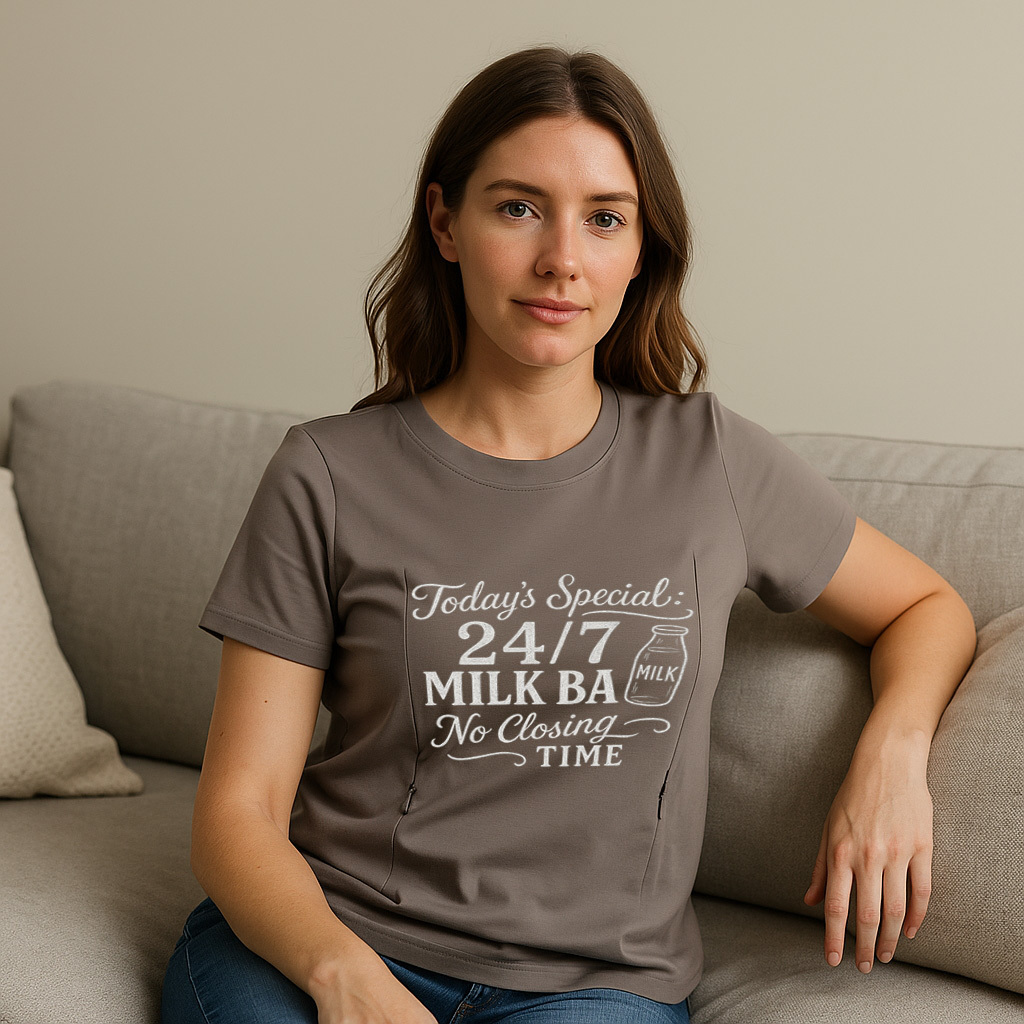 Zipper Nursing T-Shirt | 24/7 Milk Bar Slogan | For New Moms