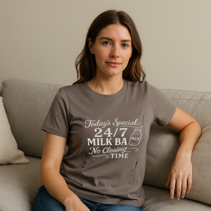 Zipper Nursing T-Shirt | 24/7 Milk Bar Slogan | For New Moms
