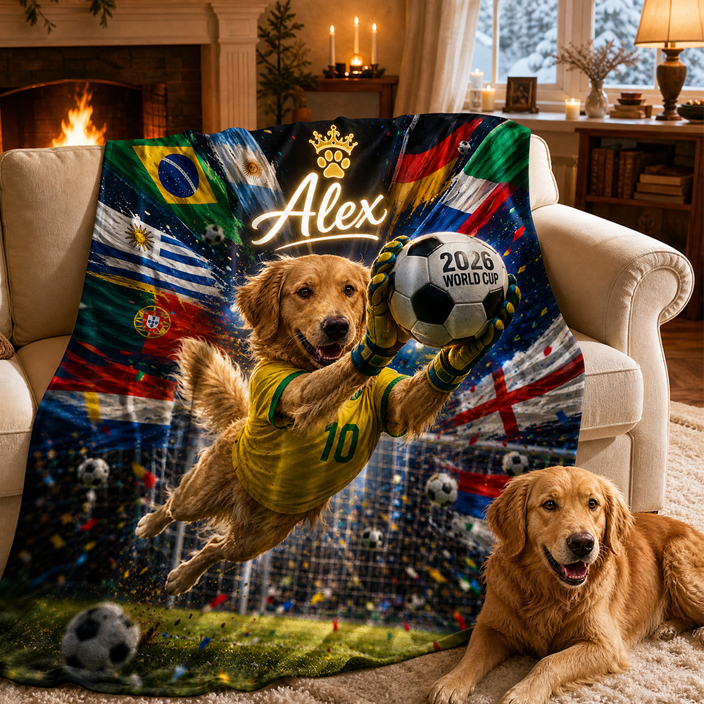 Custom Pet Portrait 2026 World Cup Football Printed Pet Name Team Blanket