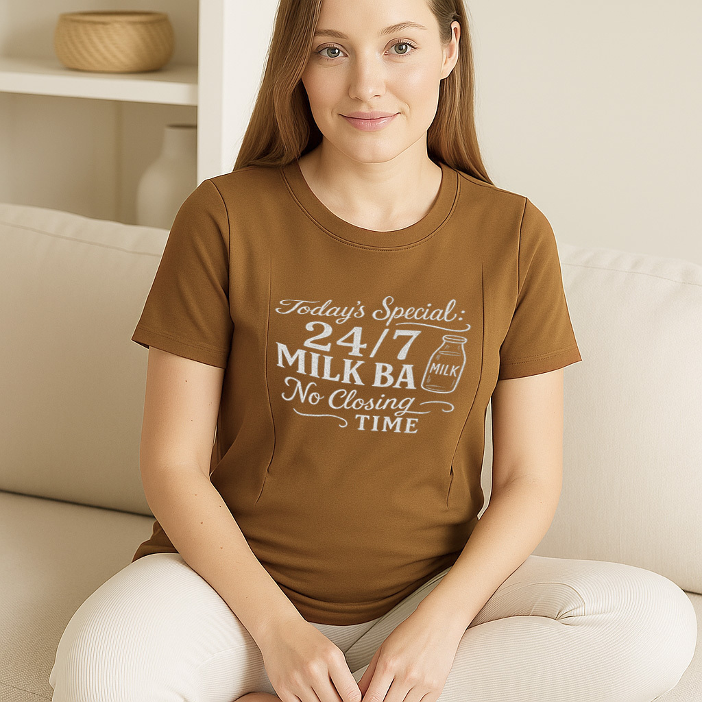Zipper Nursing T-Shirt | 24/7 Milk Bar Slogan | For New Moms