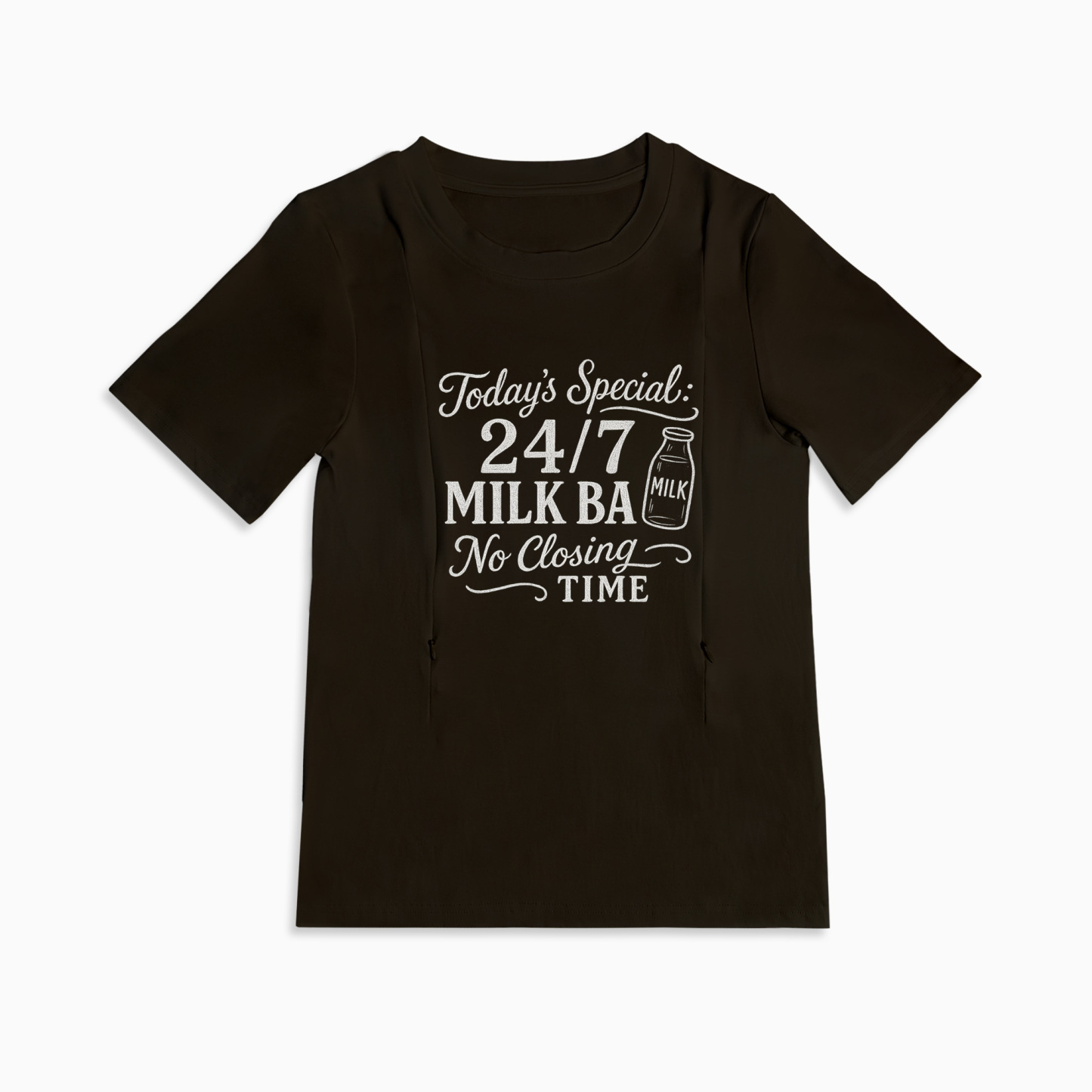Zipper Nursing T-Shirt | 24/7 Milk Bar Slogan | For New Moms