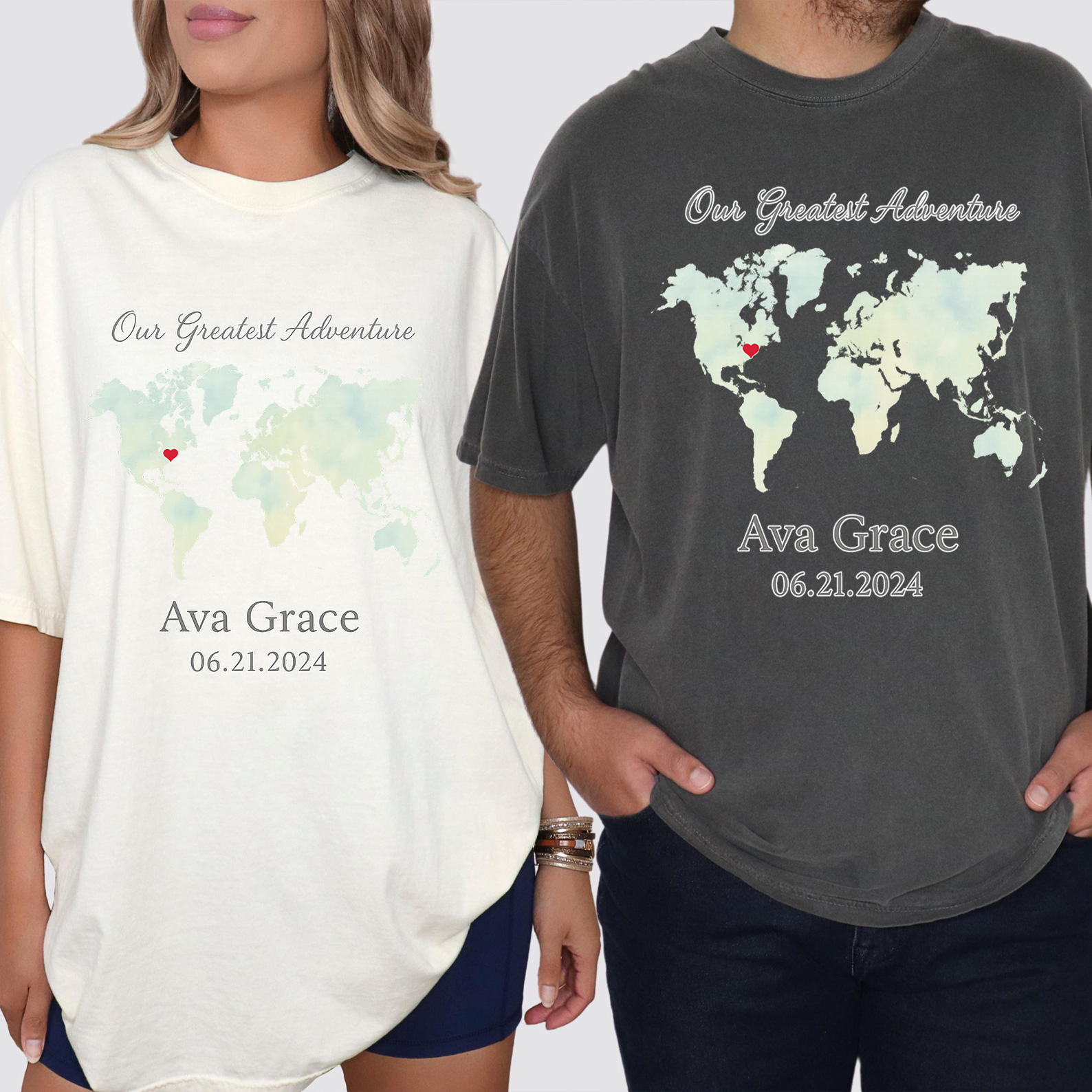 Personalized Watercolor World Map T-Shirt with Baby's Name