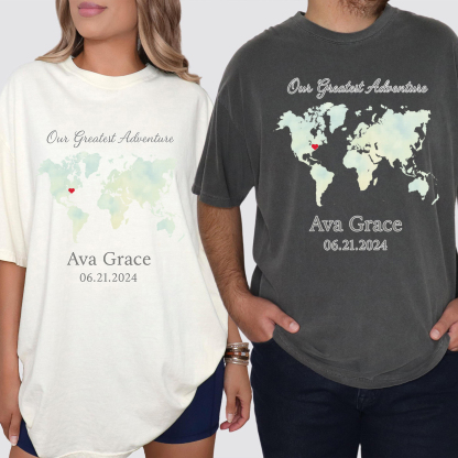 Personalized Watercolor World Map T-Shirt with Baby's Name