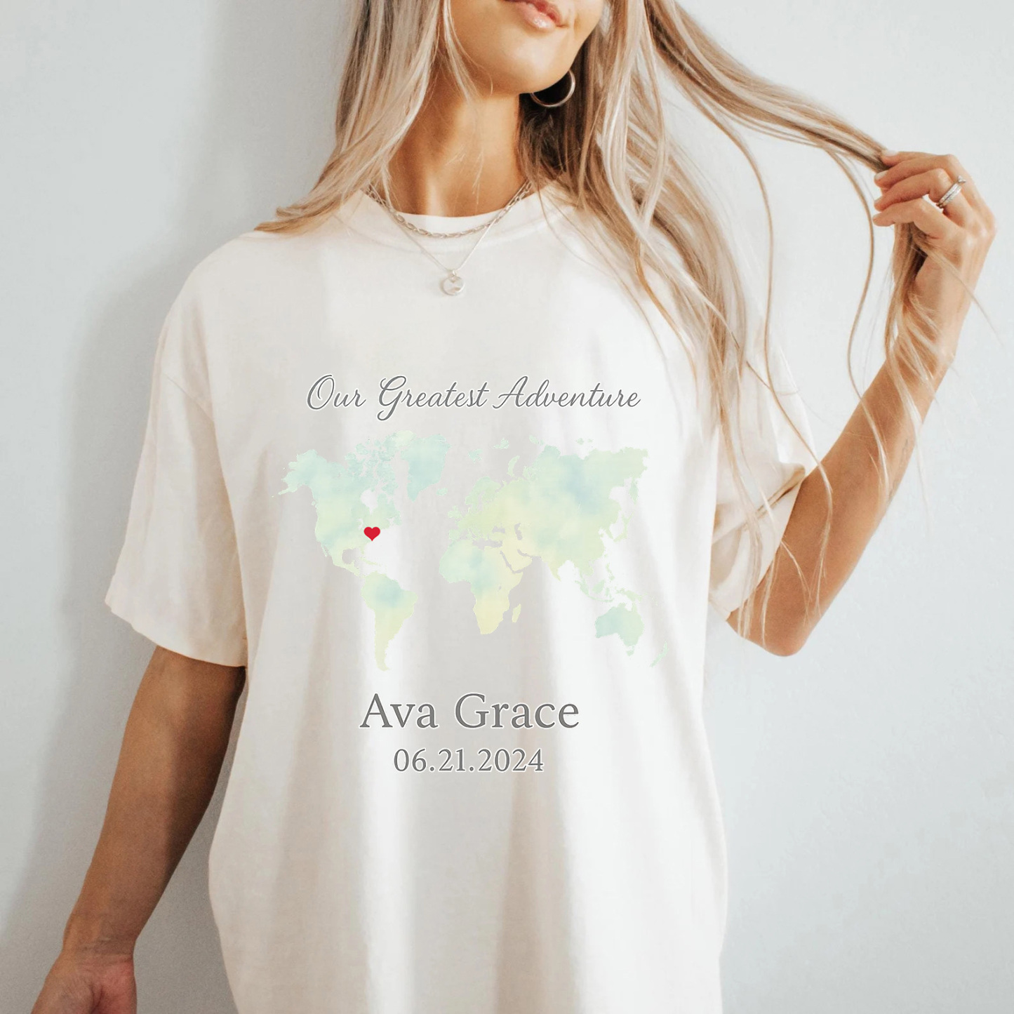 Personalized Watercolor World Map T-Shirt with Baby's Name