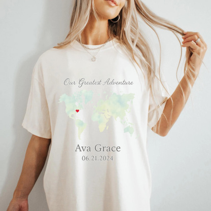 Personalized Watercolor World Map T-Shirt with Baby's Name