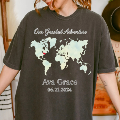 Personalized Watercolor World Map T-Shirt with Baby's Name