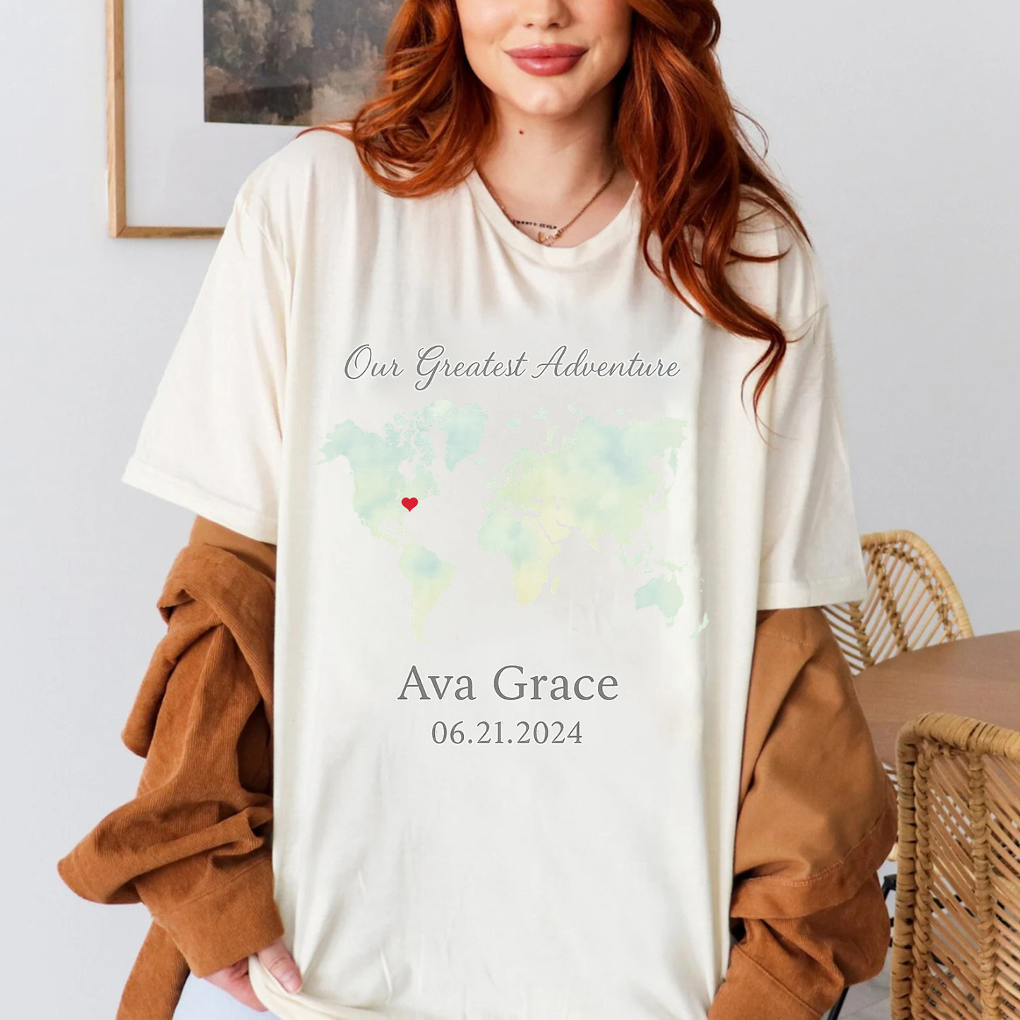 Personalized Watercolor World Map T-Shirt with Baby's Name