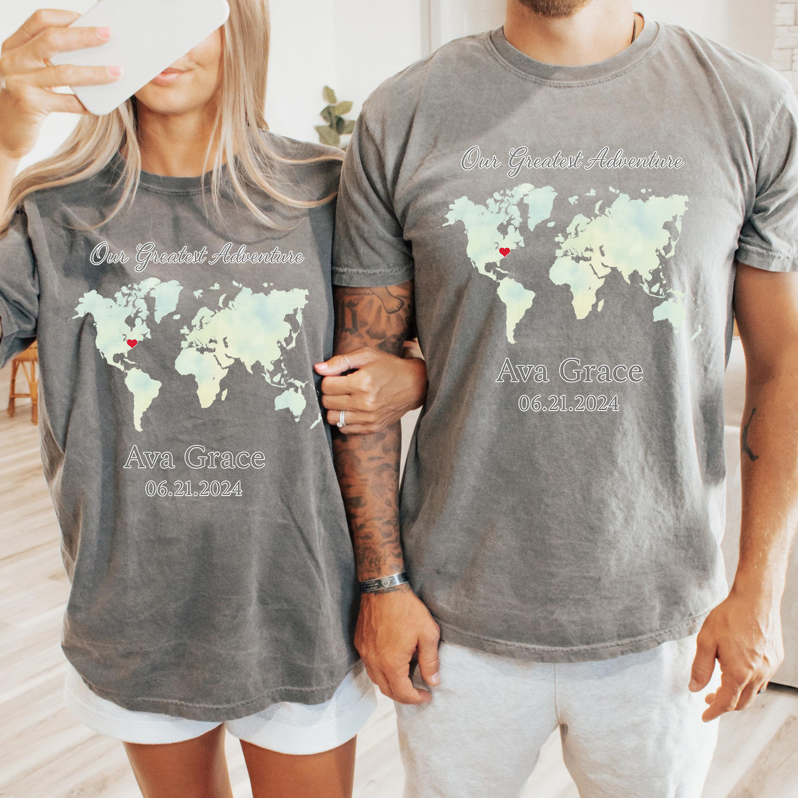 Personalized Watercolor World Map T-Shirt with Baby's Name
