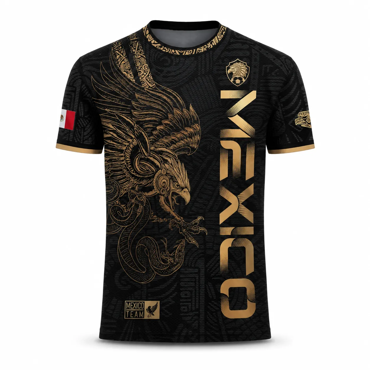 Mexico Gold Eagle Aztec Warrior Soccer Jersey | All-Over Print Heritage Football Shirt