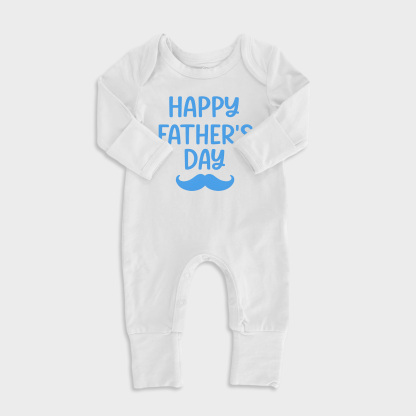 Happy Fathers Day W/Moustache Baby Full Length Snap Rompers