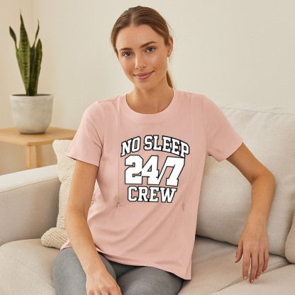Zipper Nursing T-Shirt | No Sleep Crew Slogan | Soft Cotton