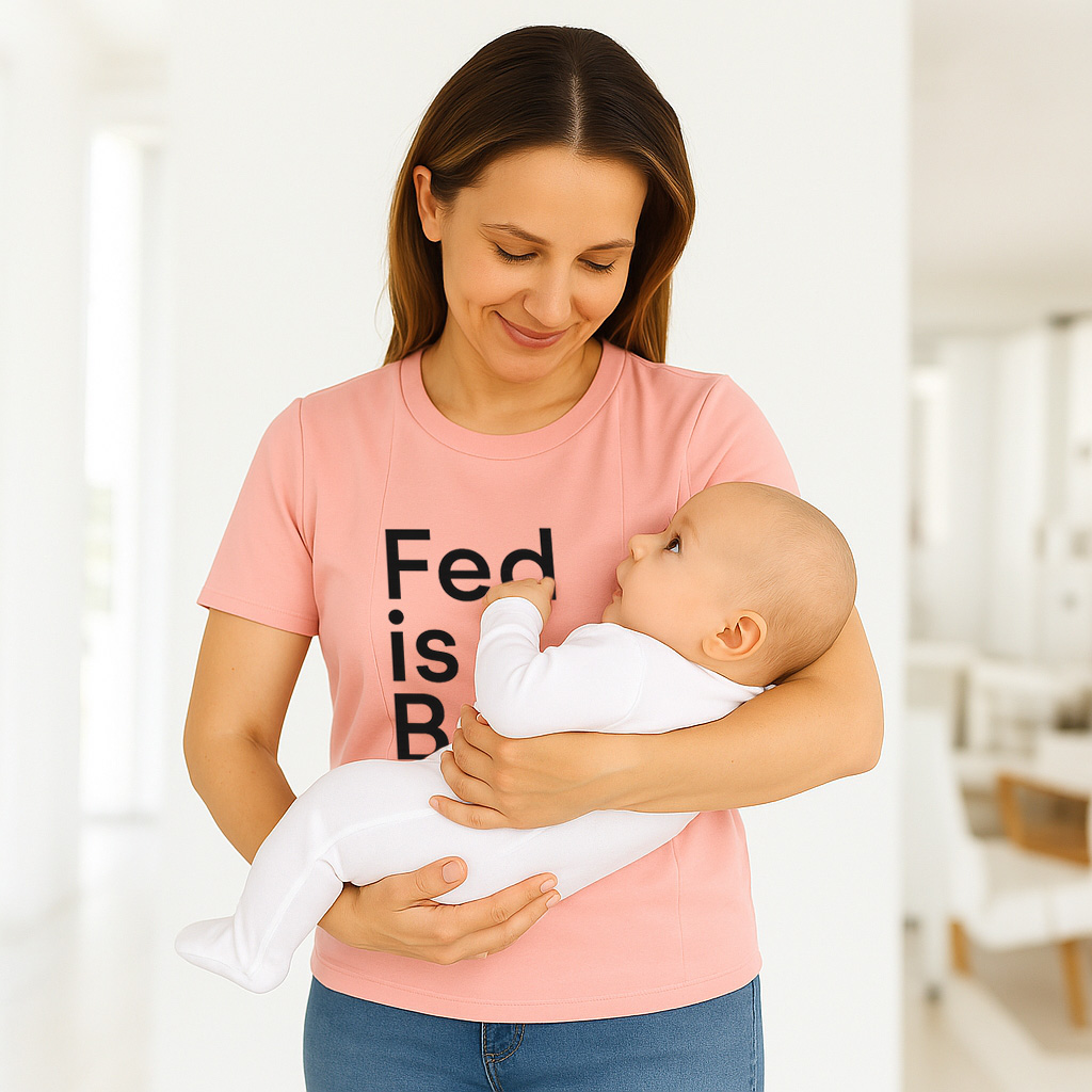 Zipper Nursing T-Shirt | "Fed Is Best" Slogan | Soft Cotton