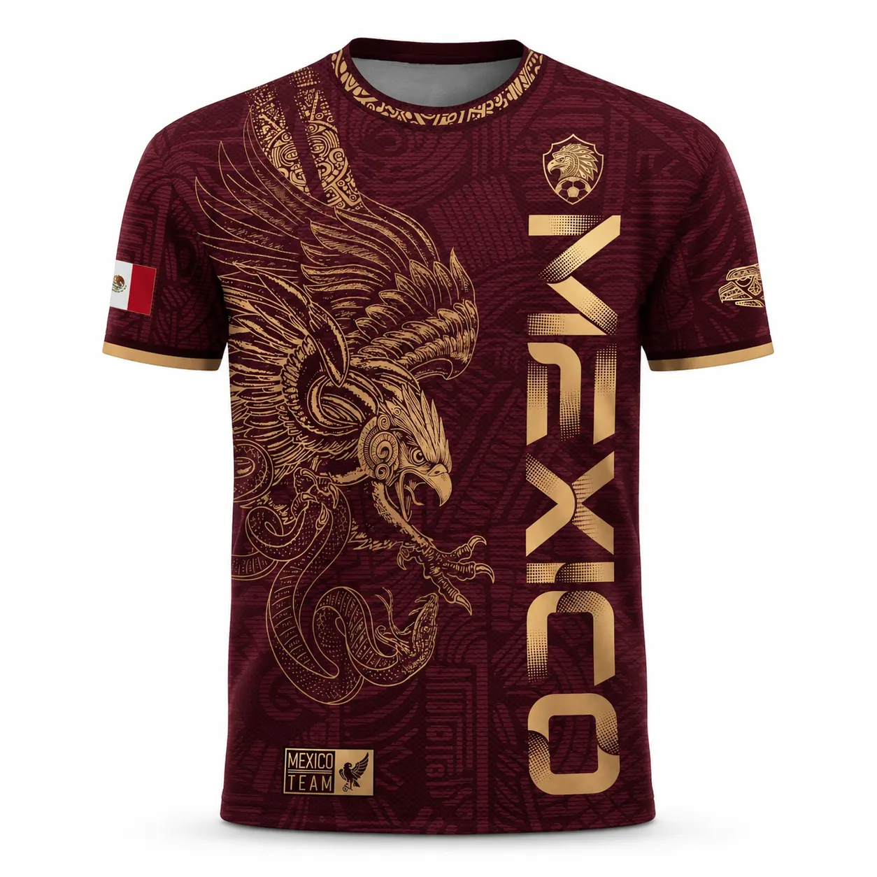 Mexico Gold Eagle Aztec Warrior Soccer Jersey | All-Over Print Heritage Football Shirt