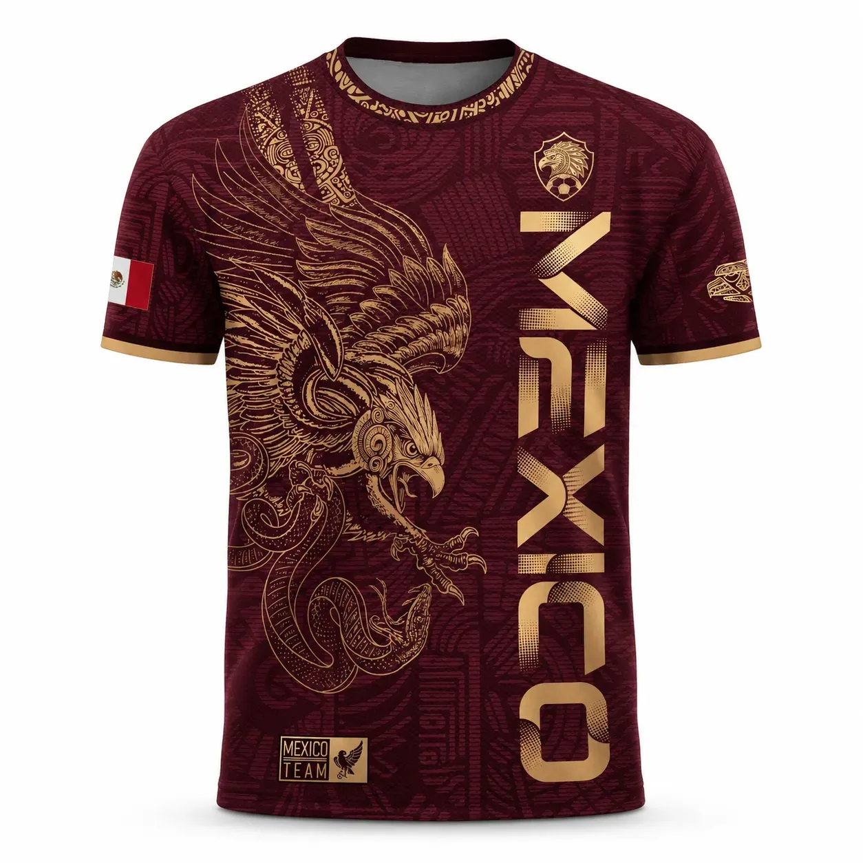 Mexico Gold Eagle Aztec Warrior Soccer Jersey | All-Over Print Heritage Football Shirt