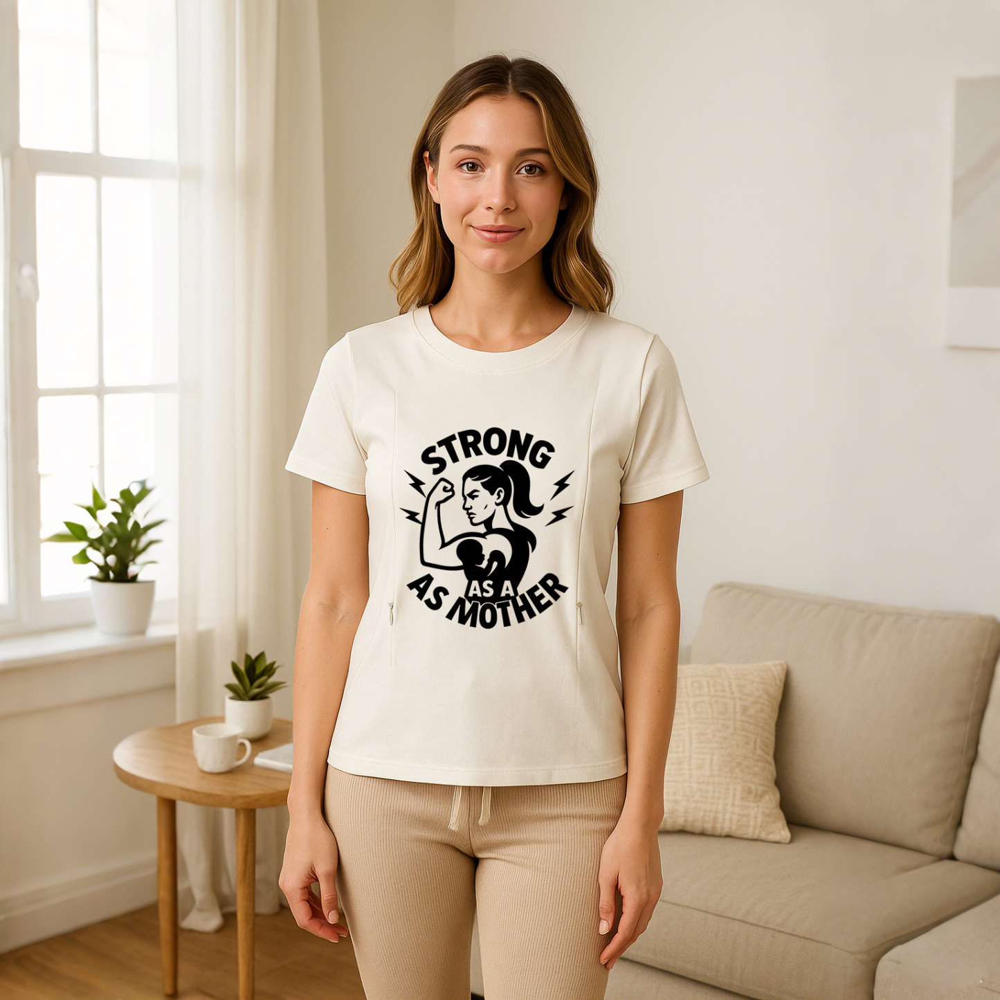 Side Zip Nursing Tee | Strong as a Mother Slogan | by t | brand