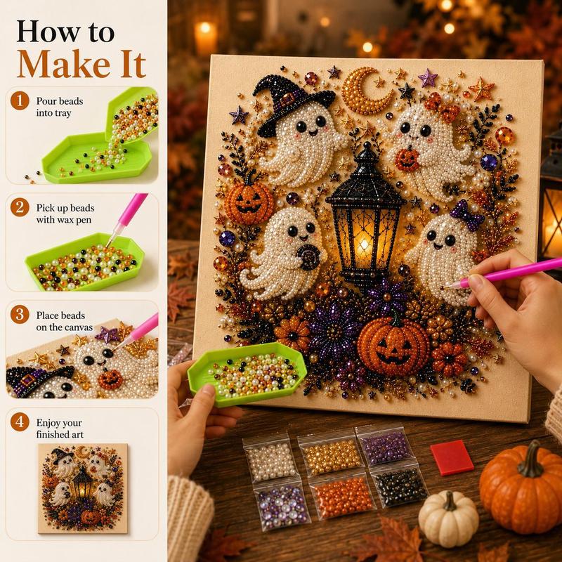 Cute Ghost Diamond Painting Kit – 3D Halloween Pearl Bead Wall Art