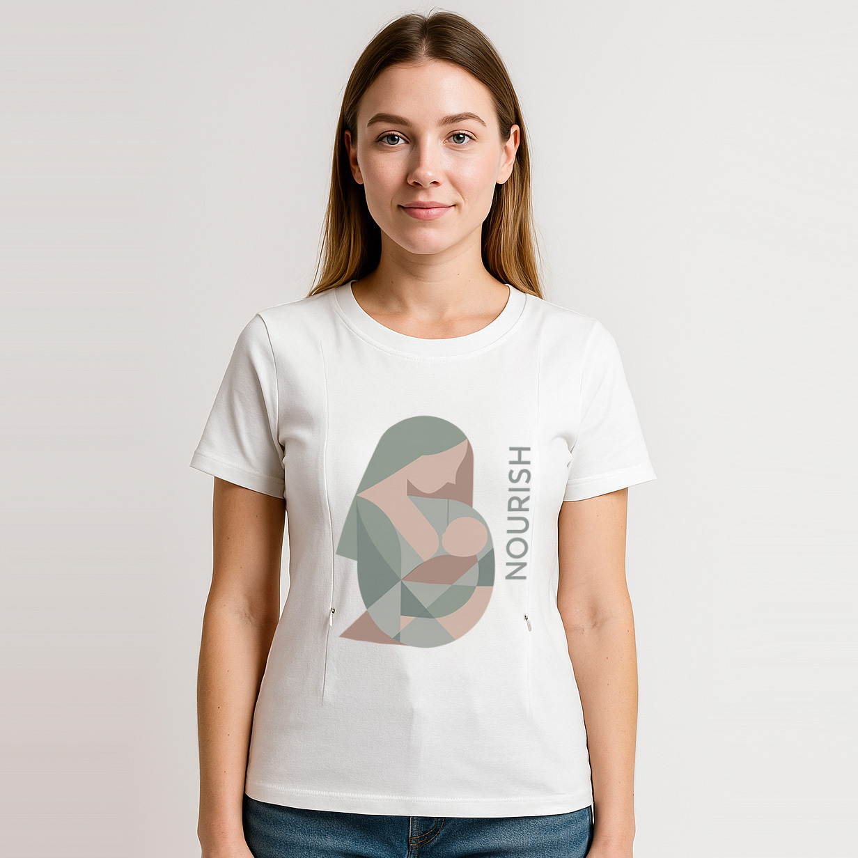 Side Zip Nursing T-Shirt | "Nourish" Slogan | 95% Cotton