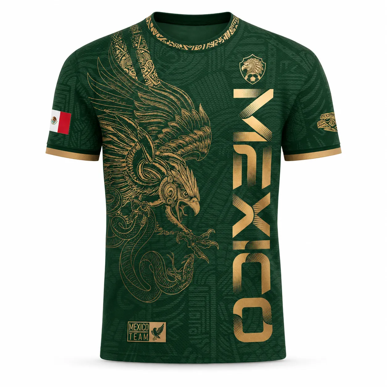 Mexico Gold Eagle Aztec Warrior Soccer Jersey | All-Over Print Heritage Football Shirt