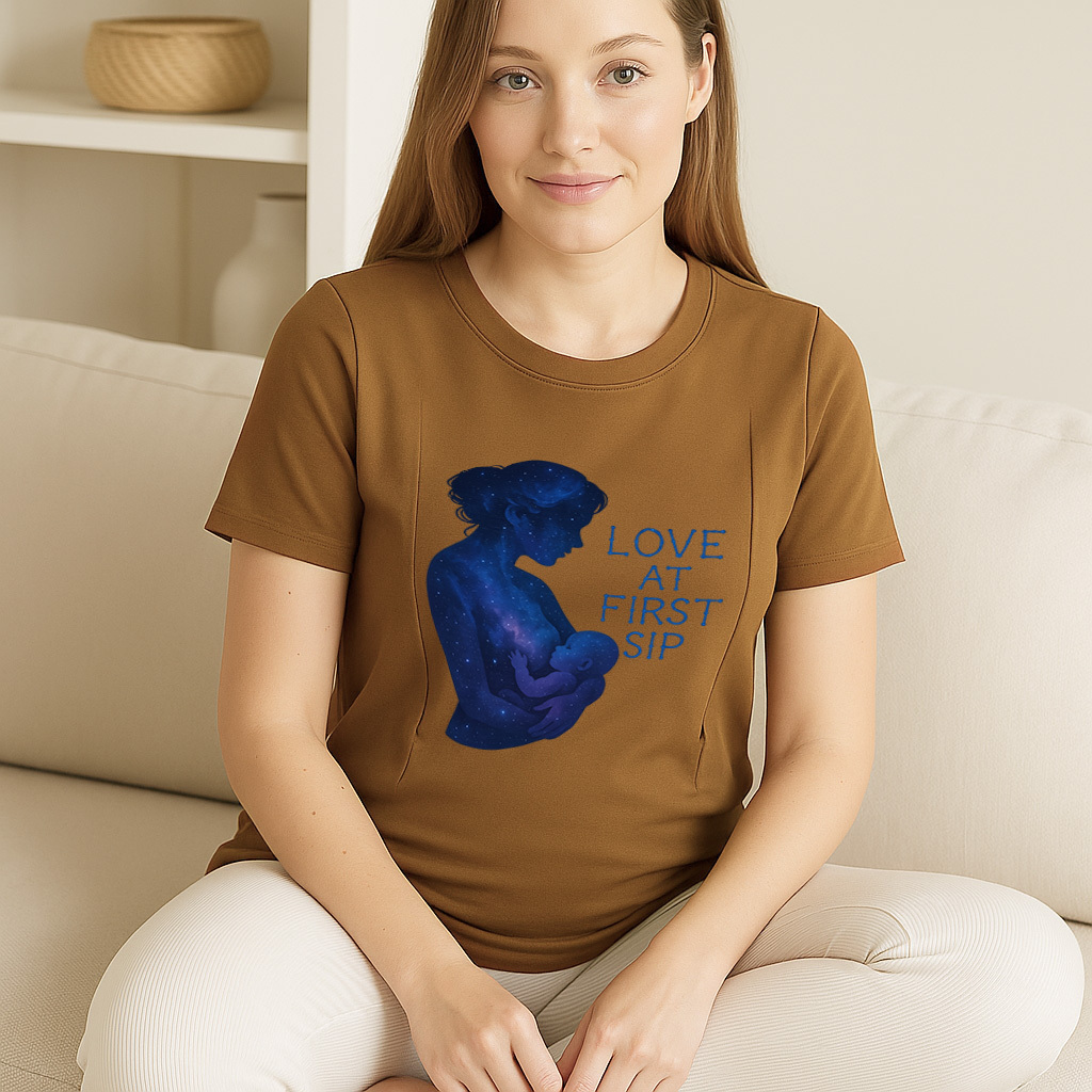 Comfortable Cotton Nursing Tee | "Love at First Sip" Slogan