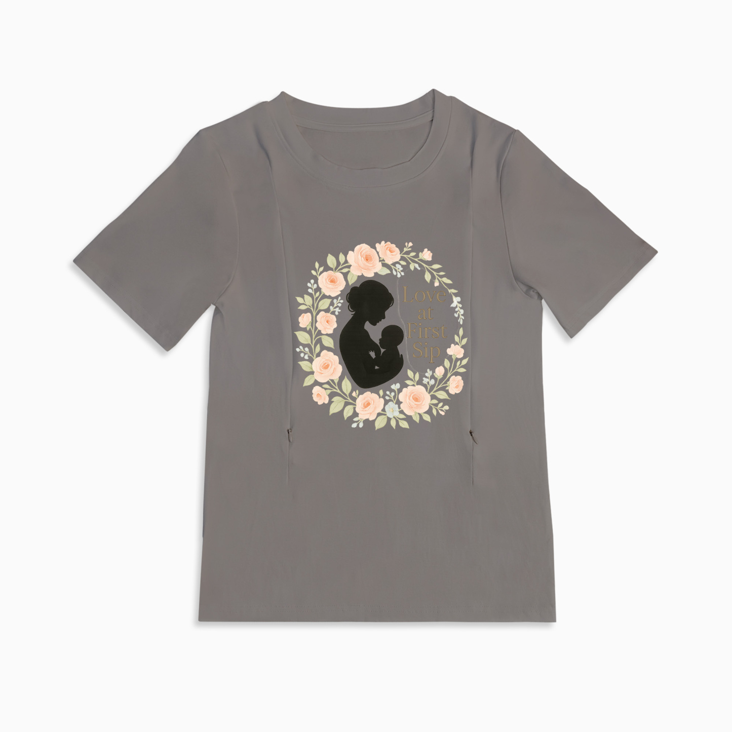 Discreet Nursing Tee | "Love at First Sip" Slogan | Easy Access Zips