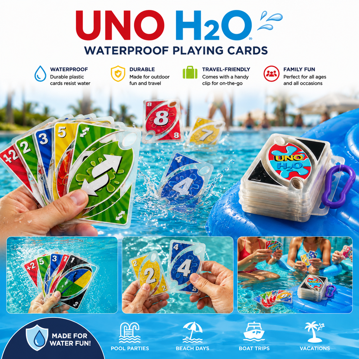 UNO H2O To Go Waterproof Card Game – Portable Family Travel Game for Pool, Beach & Camping