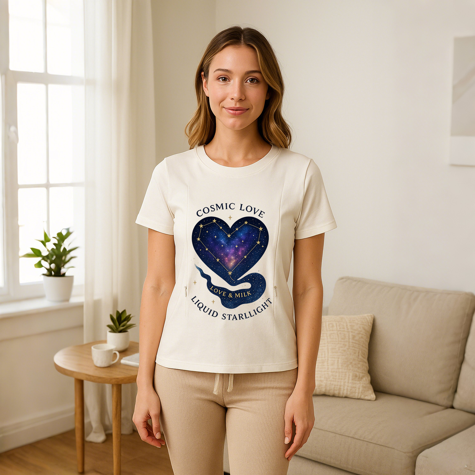 Graphic Nursing Tee "Love & Milk" | Convenient Side Zippers