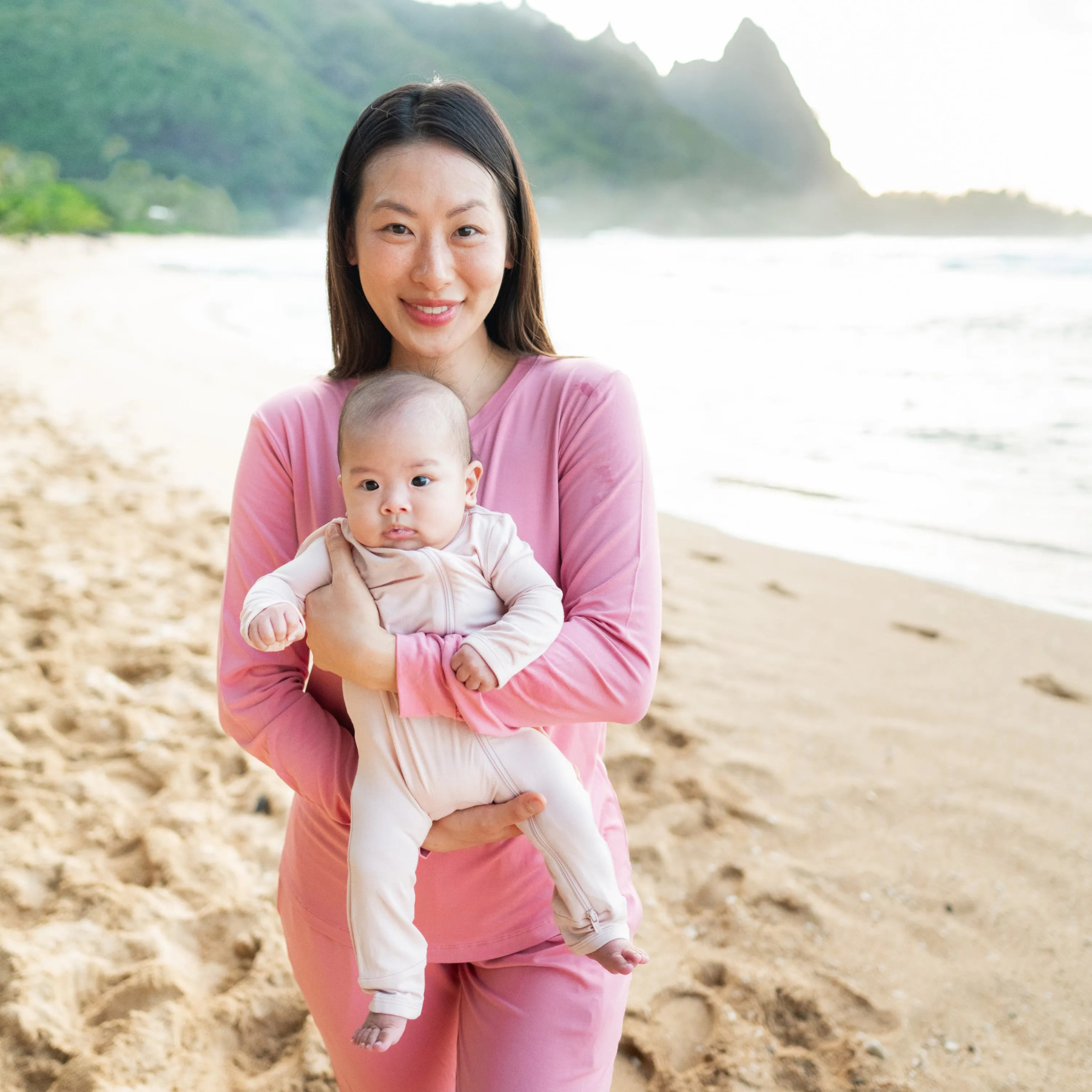 Baby Bamboo Zipper Rompers in Blush