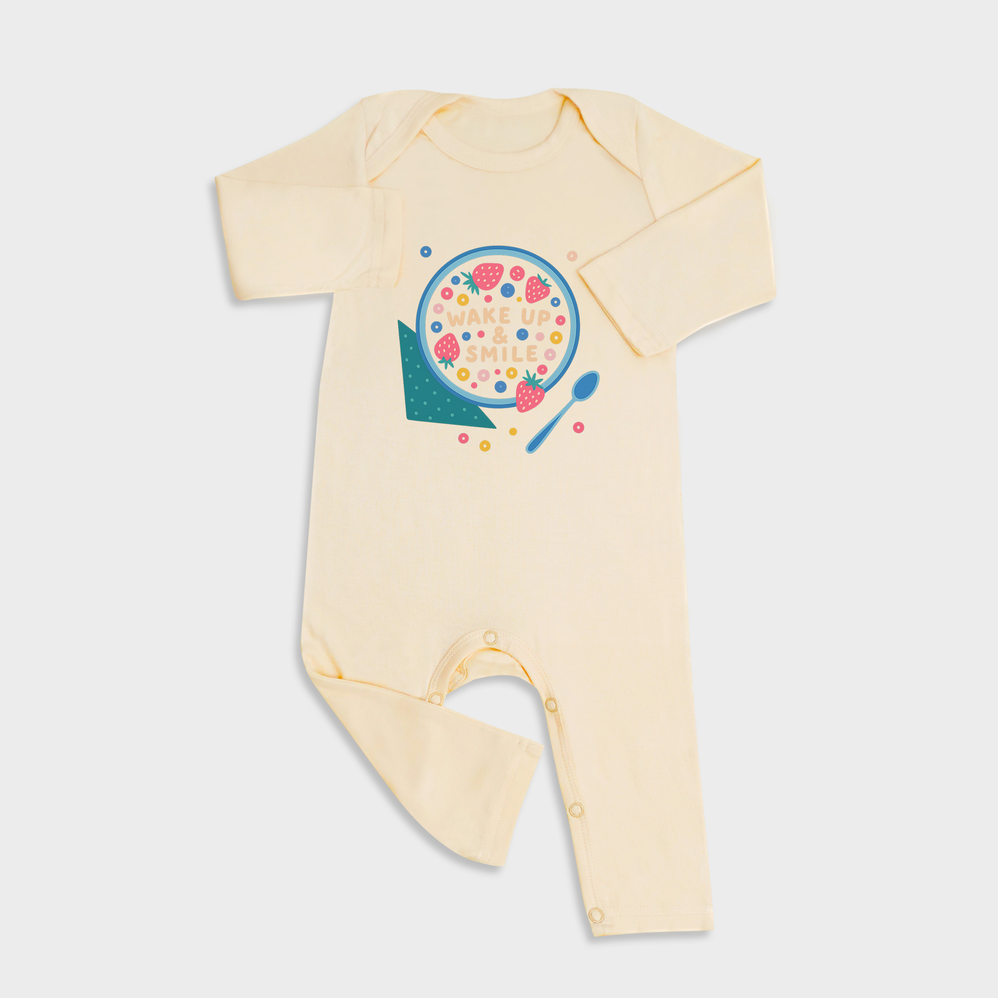 Baby romper featuring Breakfast Cereal design in Light Yellow