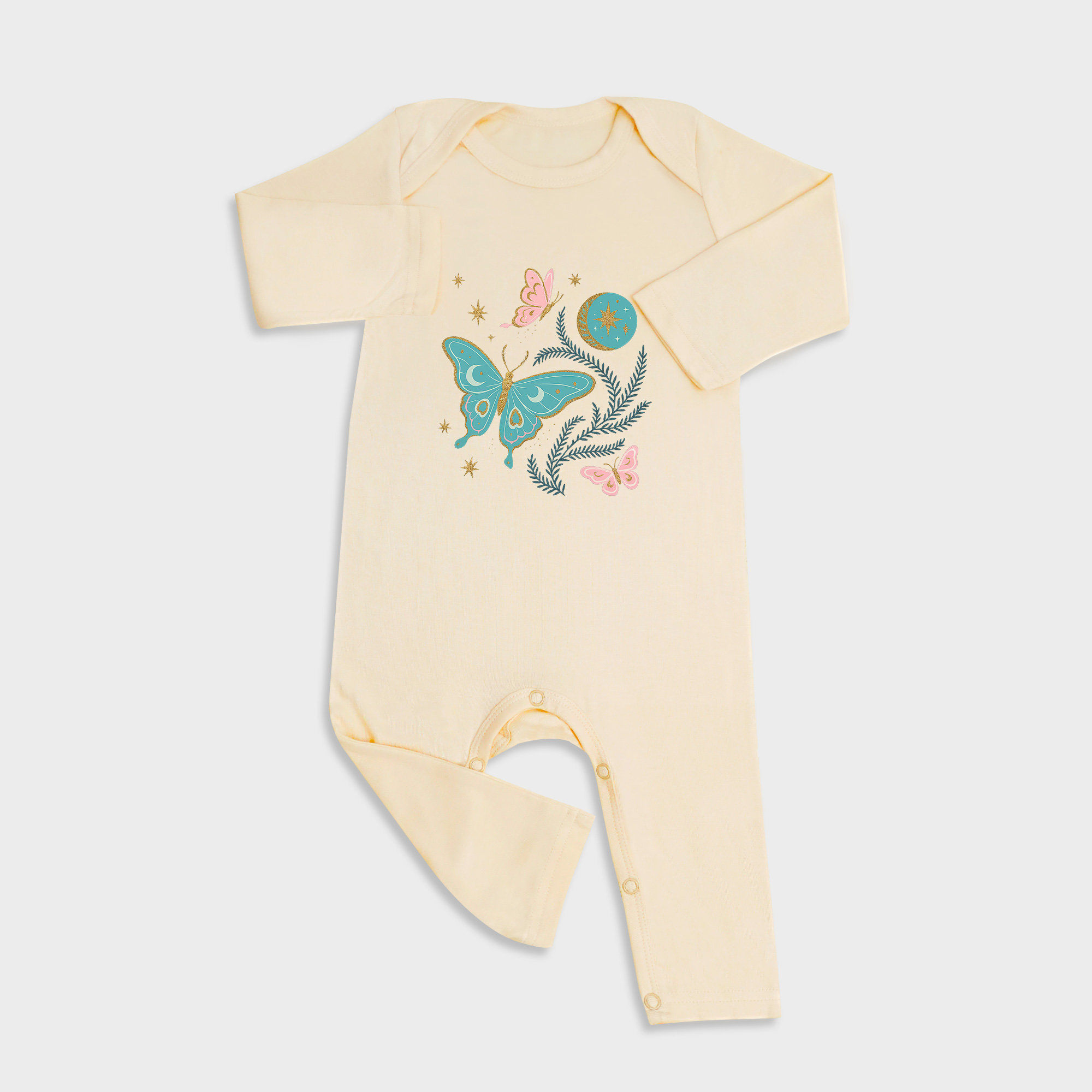 Baby romper featuring Butterfly Moons design in Light Yellow