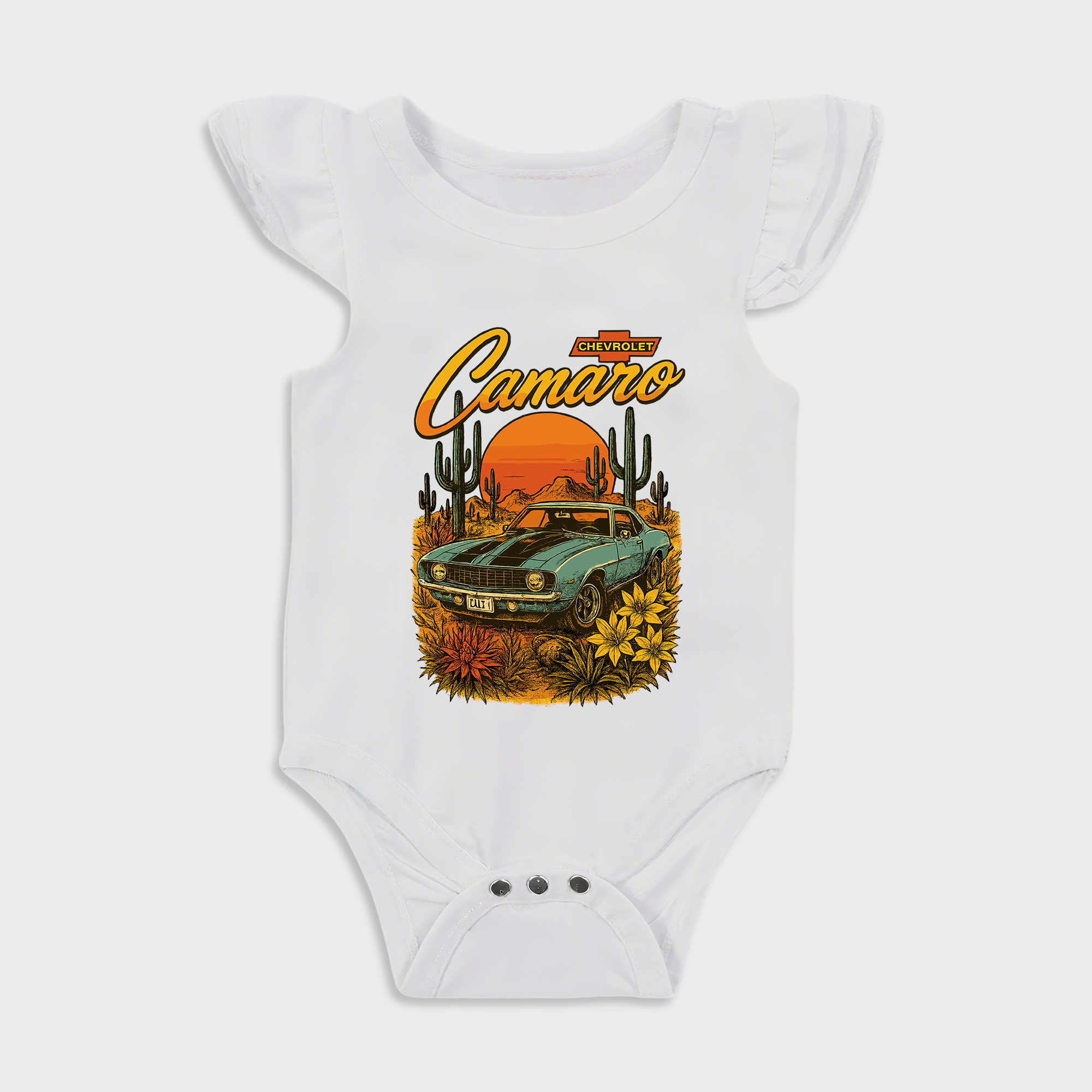 Baby romper with Camaro design in White