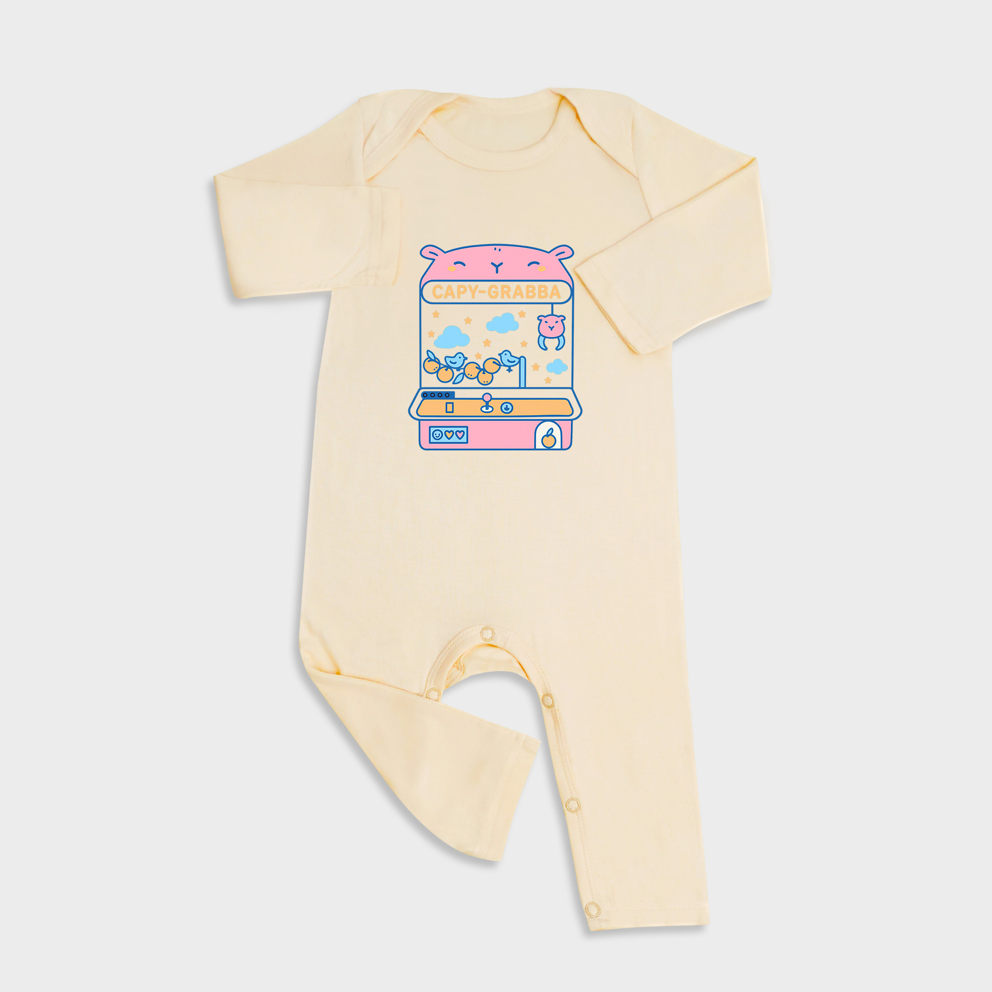 Baby romper featuring Capy Grabba design in Light Yellow