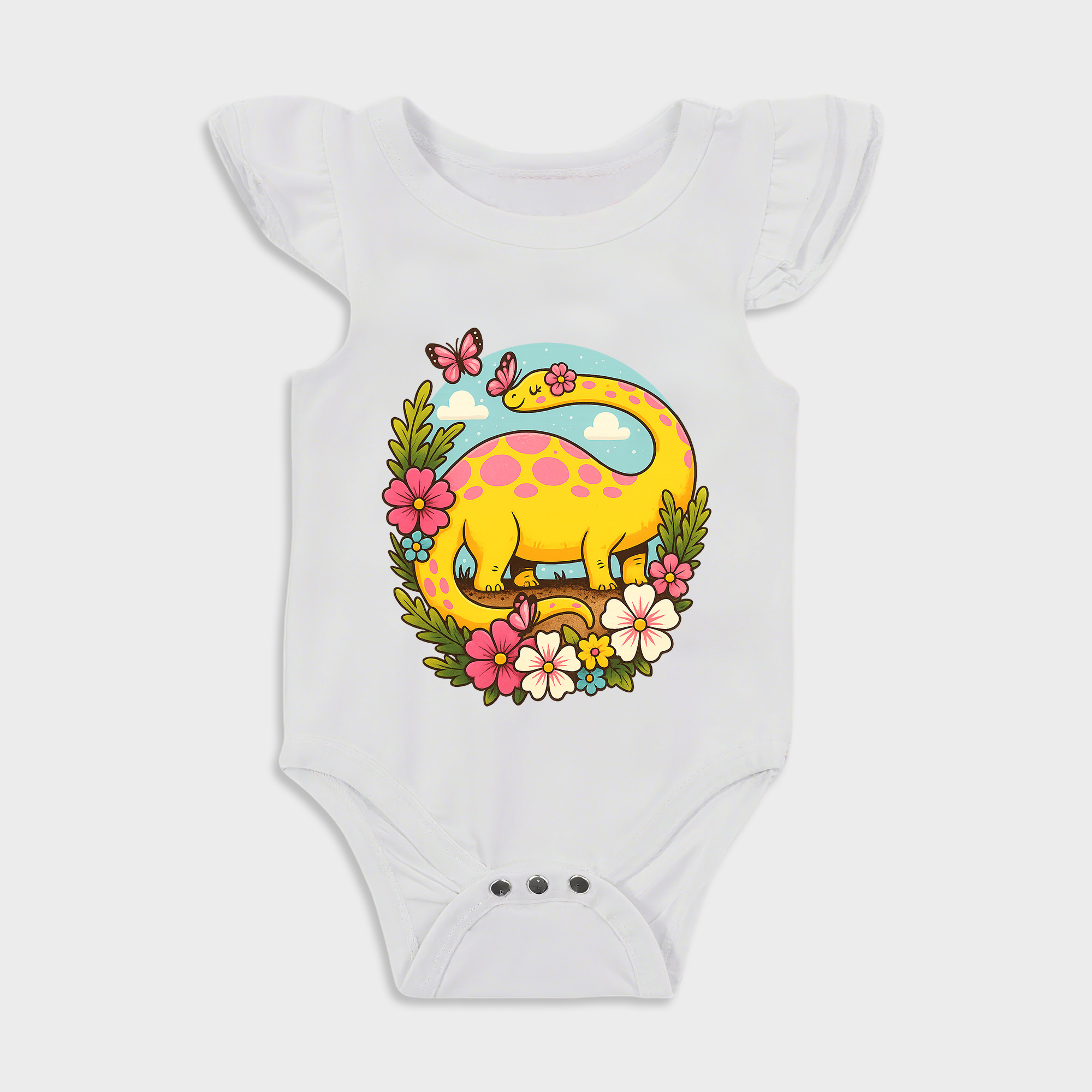 Dino Ruffled Triangle Onesies in White Baby onesies