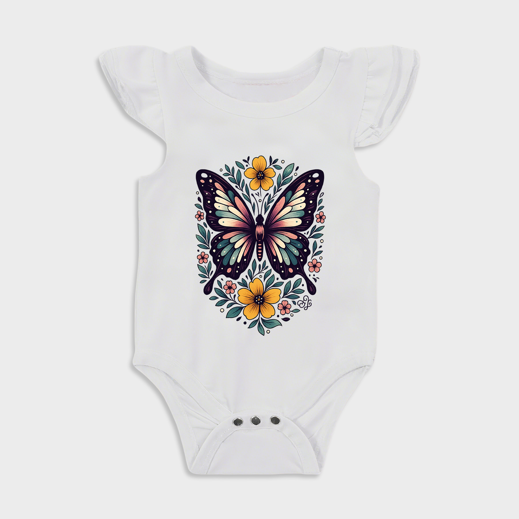 Floral Butterfly Ruffled Triangle Onesies in White Baby onesies