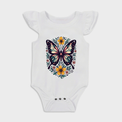 Floral Butterfly Ruffled Triangle Onesies in White Baby onesies