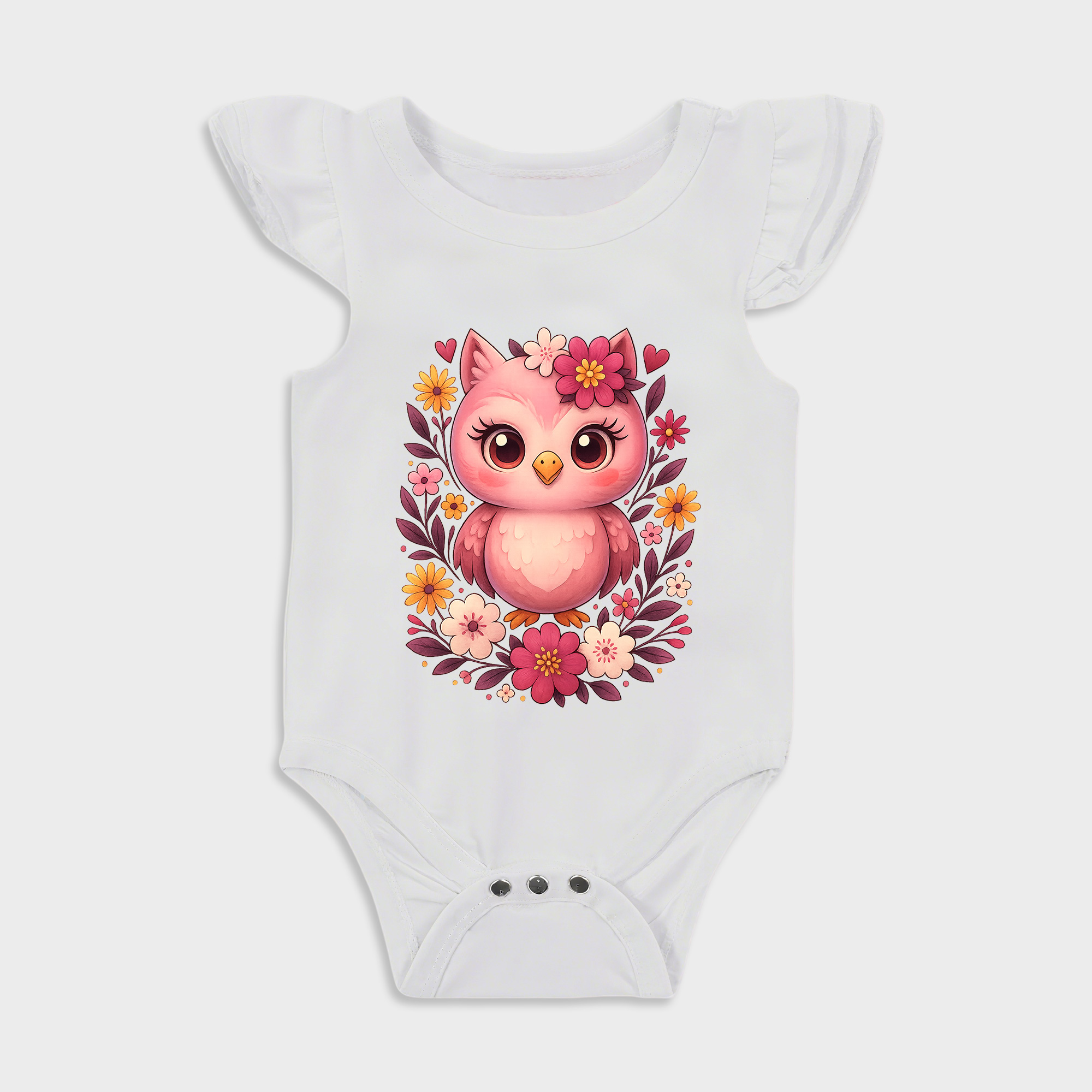 Flower Owl Ruffled Triangle Onesies in White Baby onesies