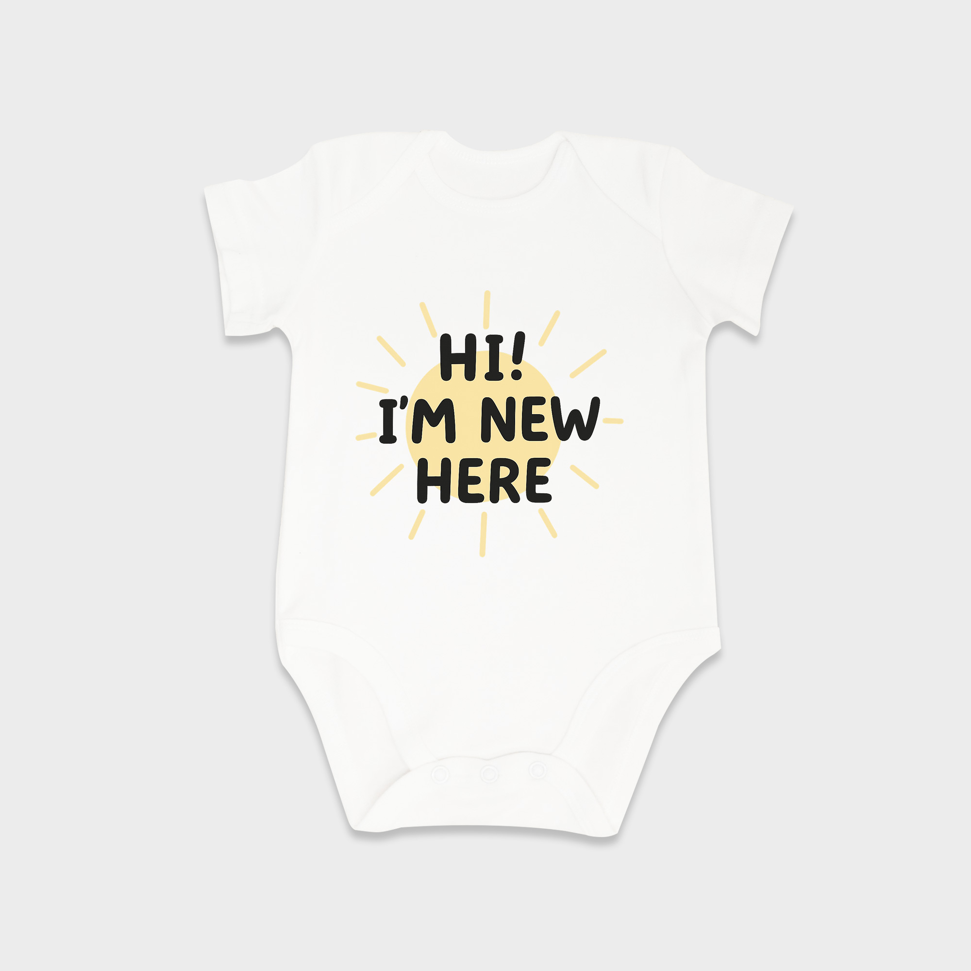 Hi! I'm New Here baby onesies in White