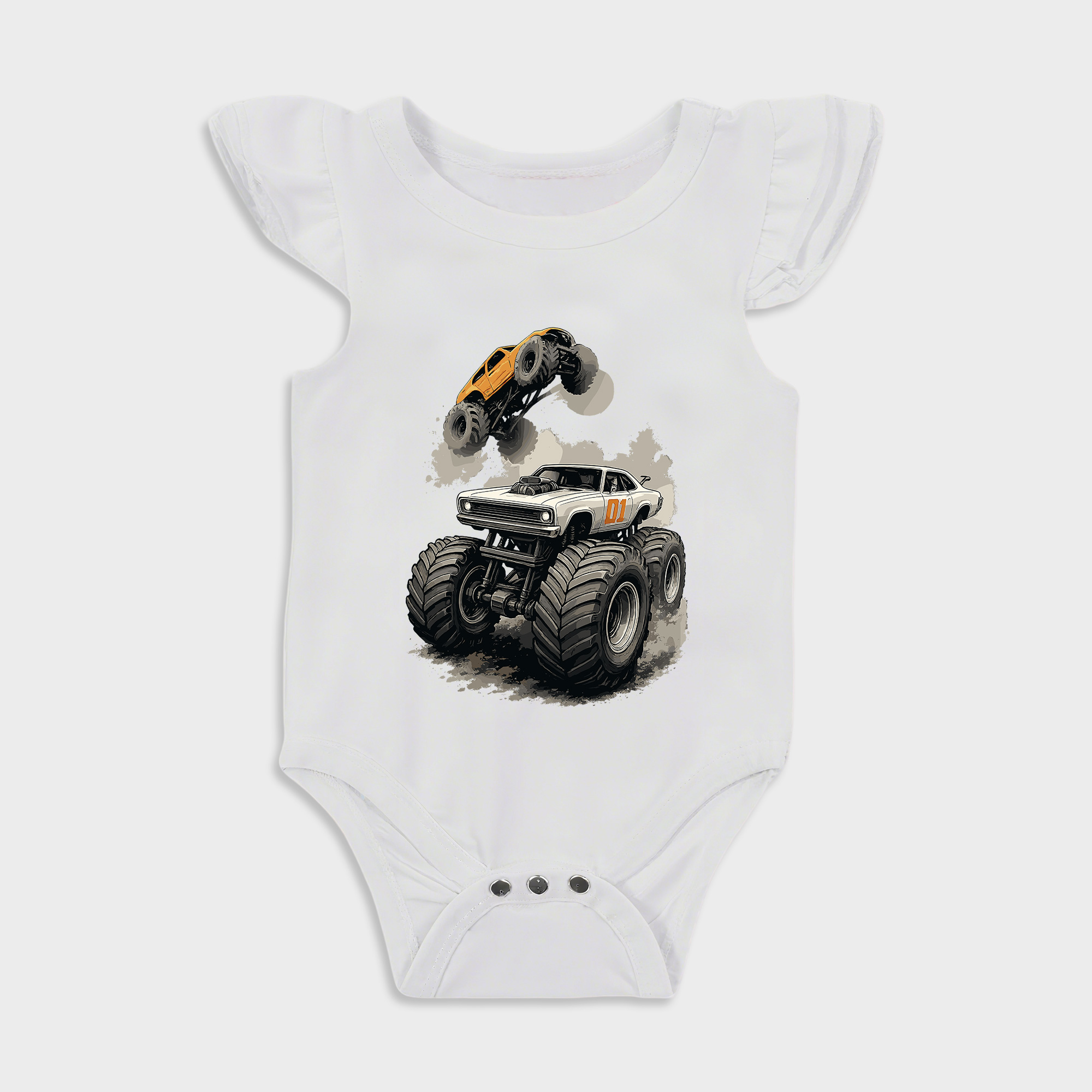 Baby romper - Monster Truck Ruffled Triangle Romper White
