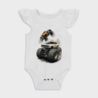 Baby romper - Monster Truck Ruffled Triangle Romper White