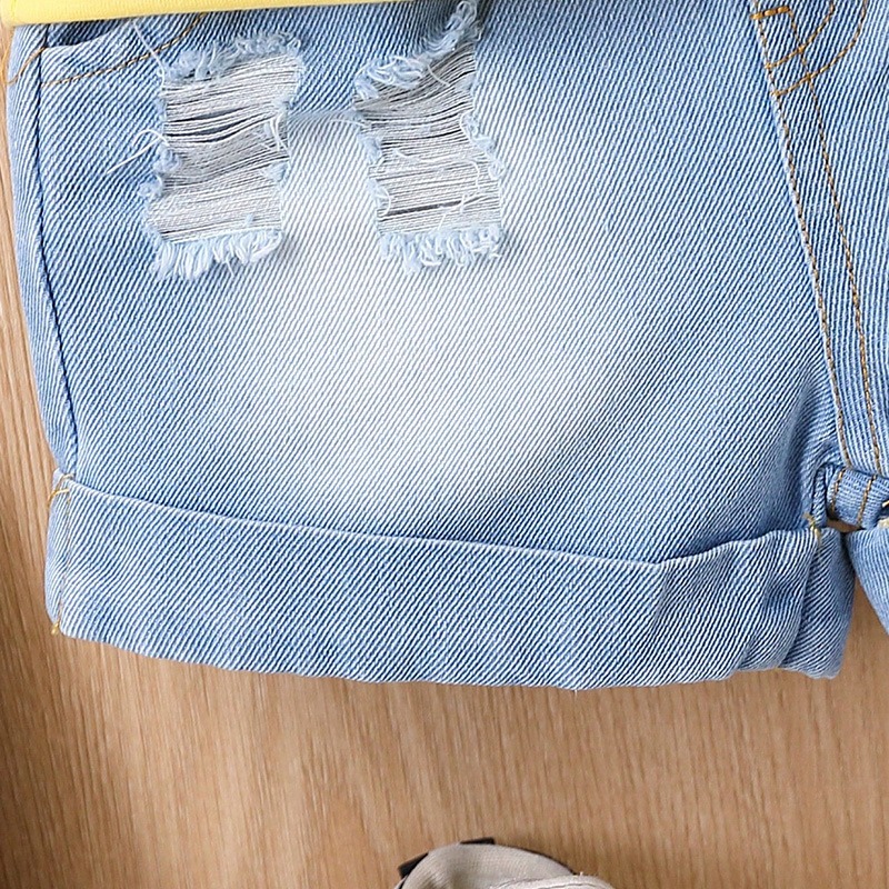 2pcs Toddler Boys Lemon Yellow Collared Short Sleeve Shirt & Distressed Denim Shorts