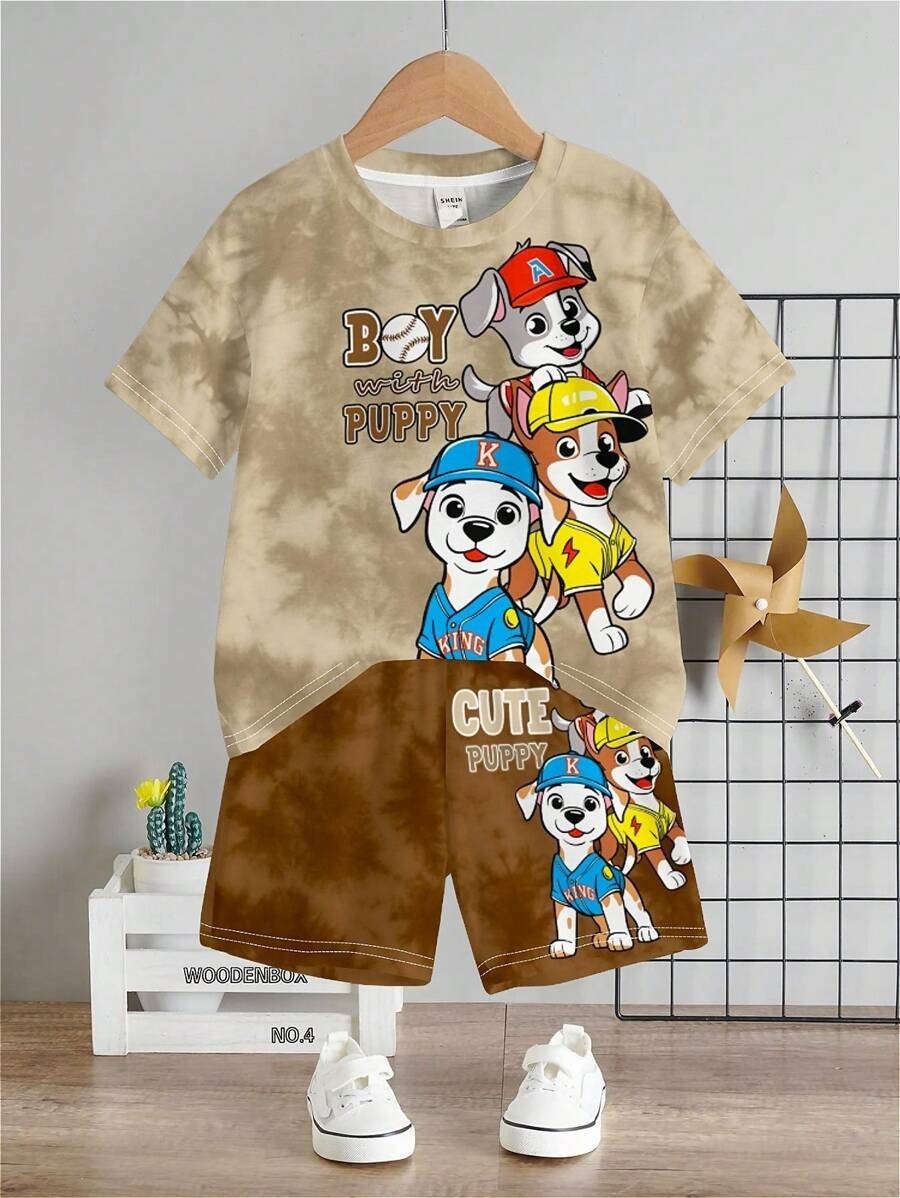 2pcs Toddler Boy Casual Cartoon Print Round Neck Short Sleeve T-Shirt & Shorts