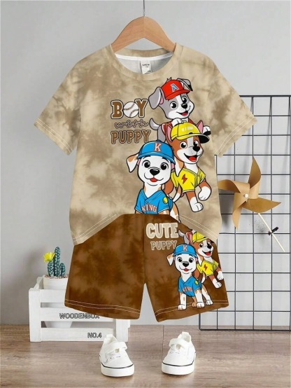 2pcs Toddler Boy Casual Cartoon Print Round Neck Short Sleeve T-Shirt & Shorts