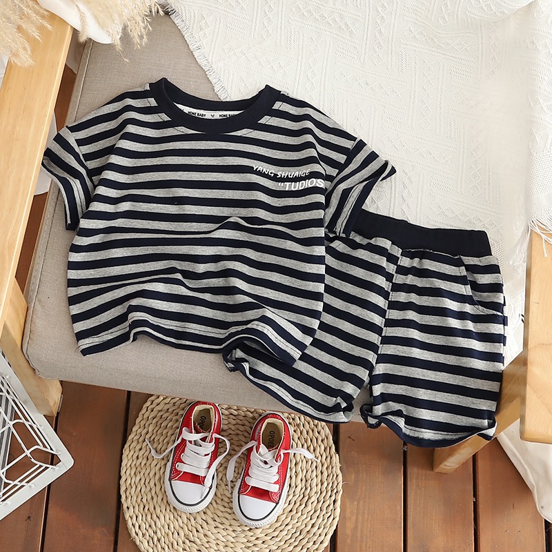 2pcs Toddler Boys Black/Grey Striped Top & Training Shorts