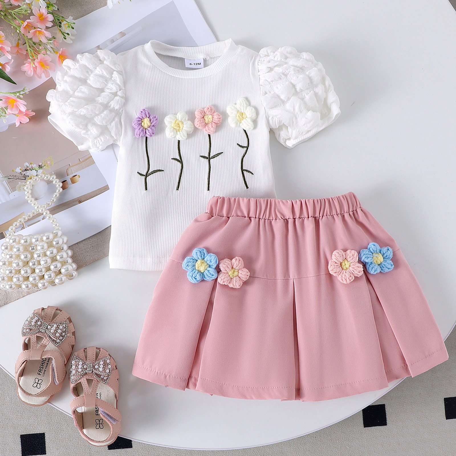 2pcs Toddler Girls Puff-Sleeve Floral Blouse Set
