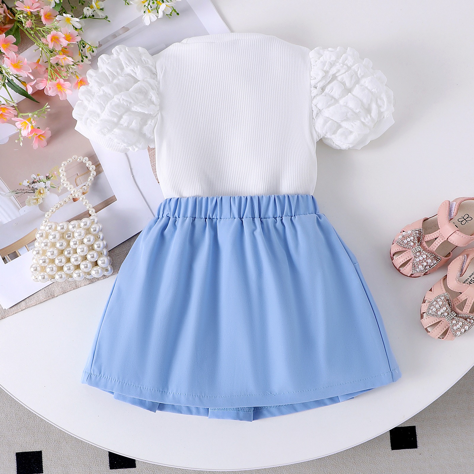 2pcs Toddler Girls Puff-Sleeve Floral Blouse Set