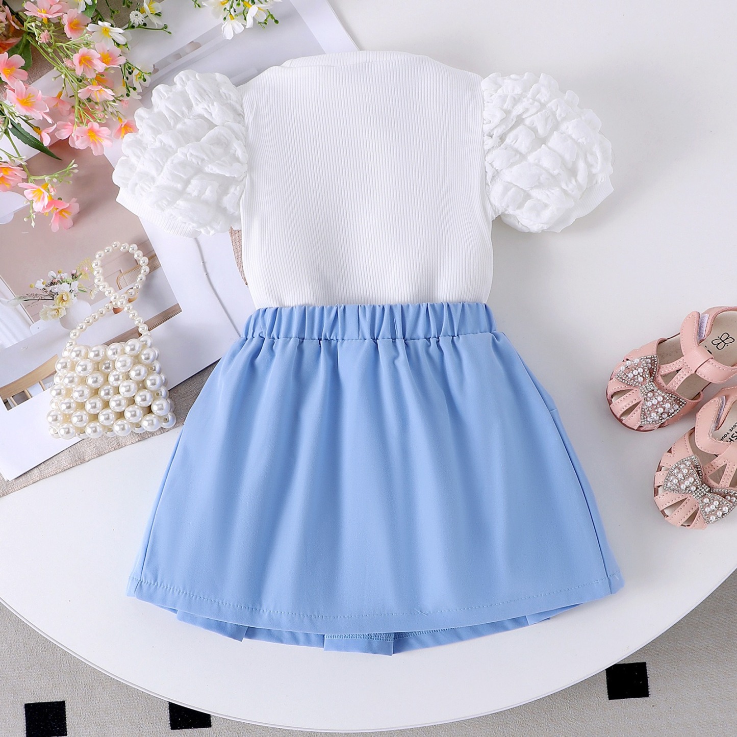 2pcs Toddler Girls Puff-Sleeve Floral Blouse Set